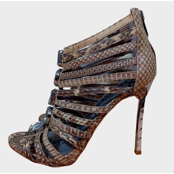 Sam Edelman Size 6.5 Leather Rhinestone Peep Toe Women's Pencil Heel - Picture 2 of 9